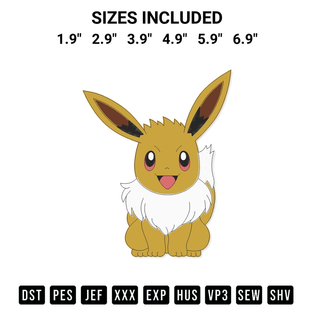 Add a unique touch to your apparel with the Eevee Embroidery Design embroidery file. Premium instant download available now on Designspacks.com. Available sizes: 1.9", 2.9", 3.9", 4.9", 5.9", 6.9".