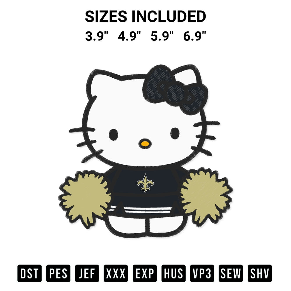 Get the Hello Kitty Cheerleader New Orleans Saints Embroidery Design embroidery design for your custom crafts! Premium digitized files available for instant download at Designspacks.com. Available sizes: 3.9", 4.9", 5.9", 6.9".