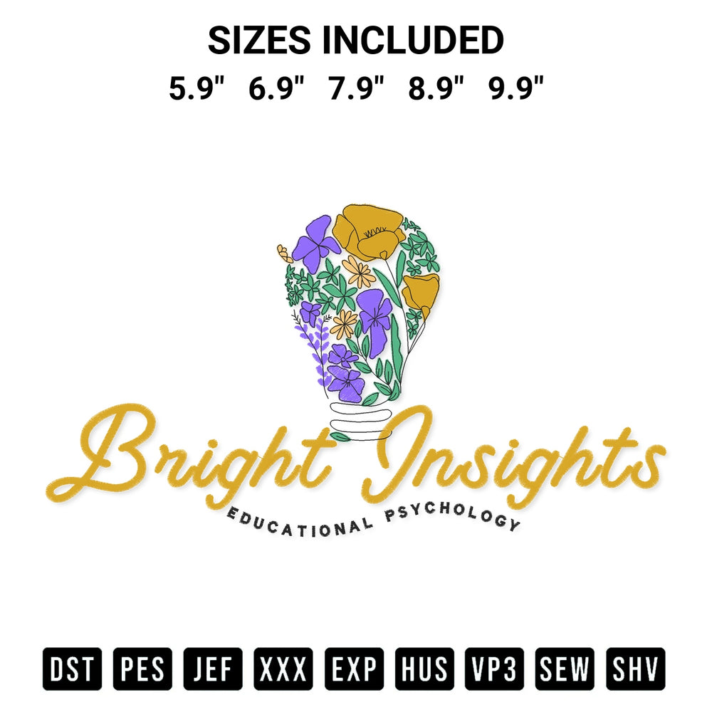 Discover the perfect addition to your crafting collection: Bright Insights Educational Psychology Embroidery Design embroidery file. Instantly available at Designspacks.com. Available sizes: 5.9", 6.9", 7.9", 8.9", 9.9".