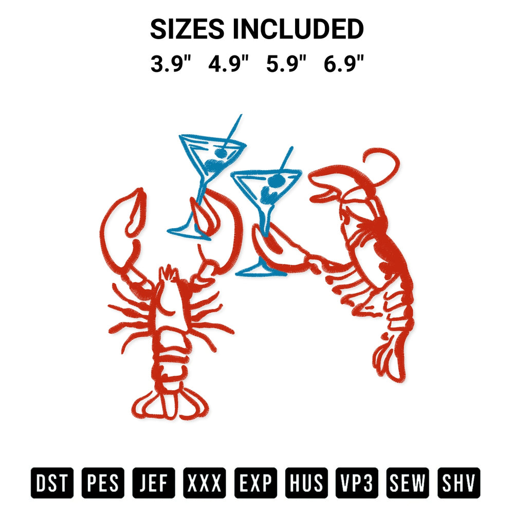 Download the Martini Lobster Embroidery Design machine embroidery design exclusively at Designspacks.com. Premium digitized pattern for apparel and DIY crafts. Available sizes: 3.9", 4.9", 5.9", 6.9".