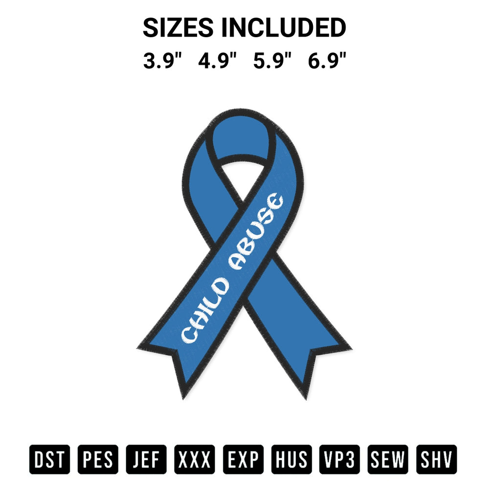 Stitch like a pro with the Anti Child Abuse Ribbon Embroidery Design embroidery pattern from Designspacks.com. High-quality digital machine embroidery file. Available sizes: 3.9", 4.9", 5.9", 6.9".
