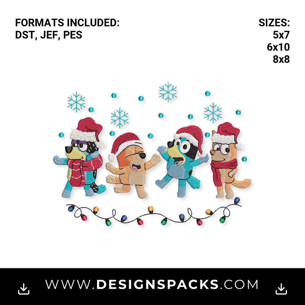 Bluey Christmas Dancing Family Embroidery Design - Instant digital download pattern at Designspacks.com