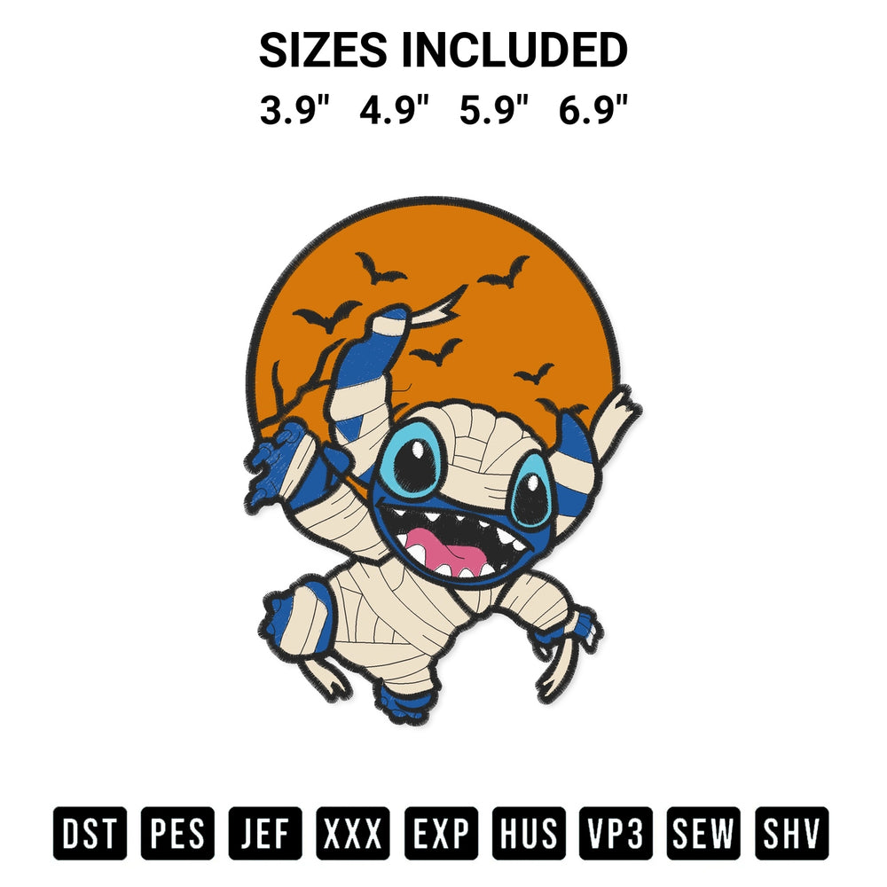 Elevate your next project with our Stitch Cosplay Mummy Halloween Embroidery Design embroidery file. Shop high-quality digital patterns instantly at Designspacks.com. Available sizes: 3.9", 4.9", 5.9", 6.9".
