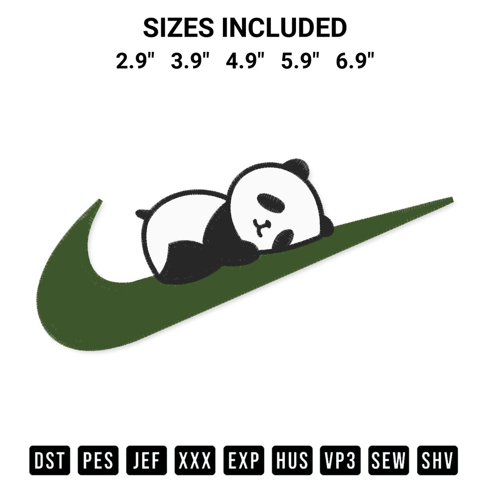 Stitch like a pro with the Swoosh Panda Sleeping Embroidery Design embroidery pattern from Designspacks.com. High-quality digital machine embroidery file. Available sizes: 2.9", 3.9", 4.9", 5.9", 6.9".