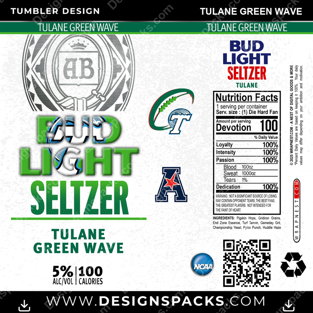 College Sport Bud Light Seltzer Tulane Green Wave NCAA College Sport Tumbler Digital Wrap Design Download