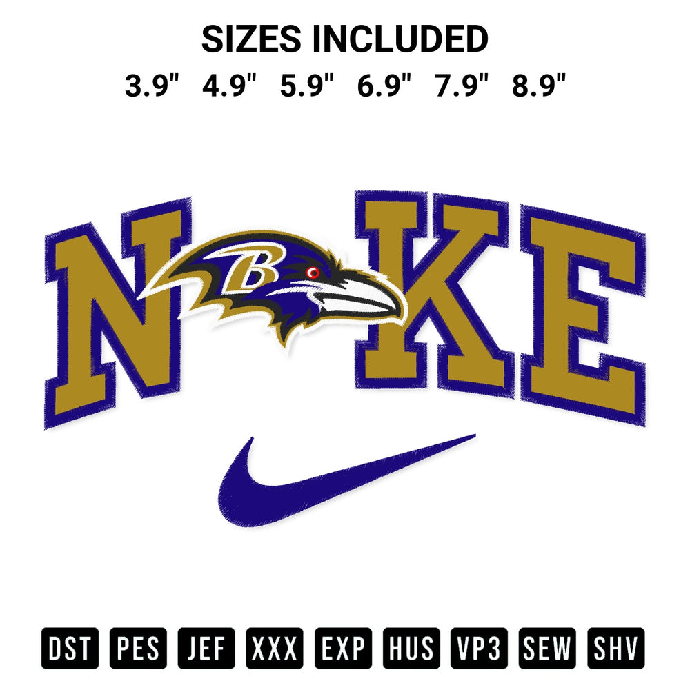 Transform your fabrics with the Baltimore Ravens X Nike Embroidery Design embroidery design. Instant access to premium digitized patterns at Designspacks.com. Available sizes: 3.9", 4.9", 5.9", 6.9", 7.9", 8.9".