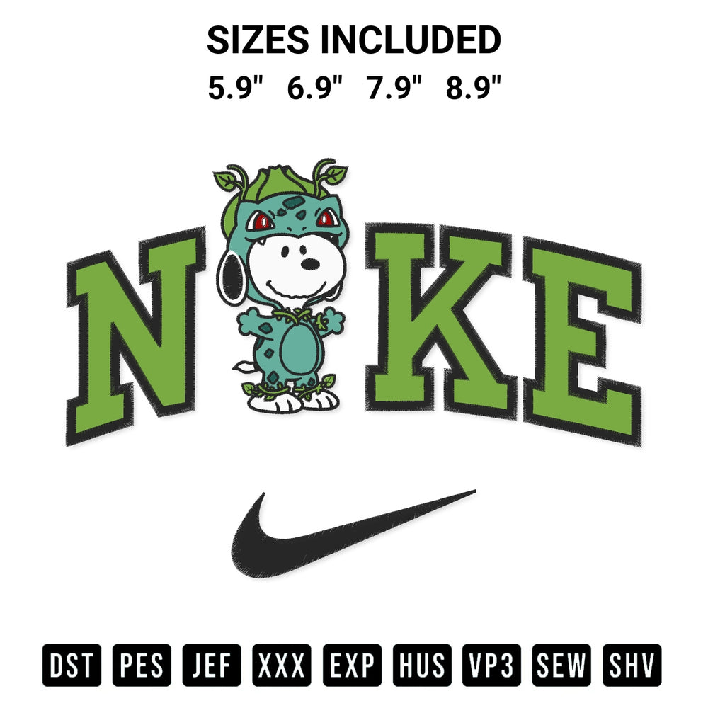 Stitch like a pro with the Snoopy Bulbasaur X Nike Embroidery Design embroidery pattern from Designspacks.com. High-quality digital machine embroidery file. Available sizes: 5.9", 6.9", 7.9", 8.9".