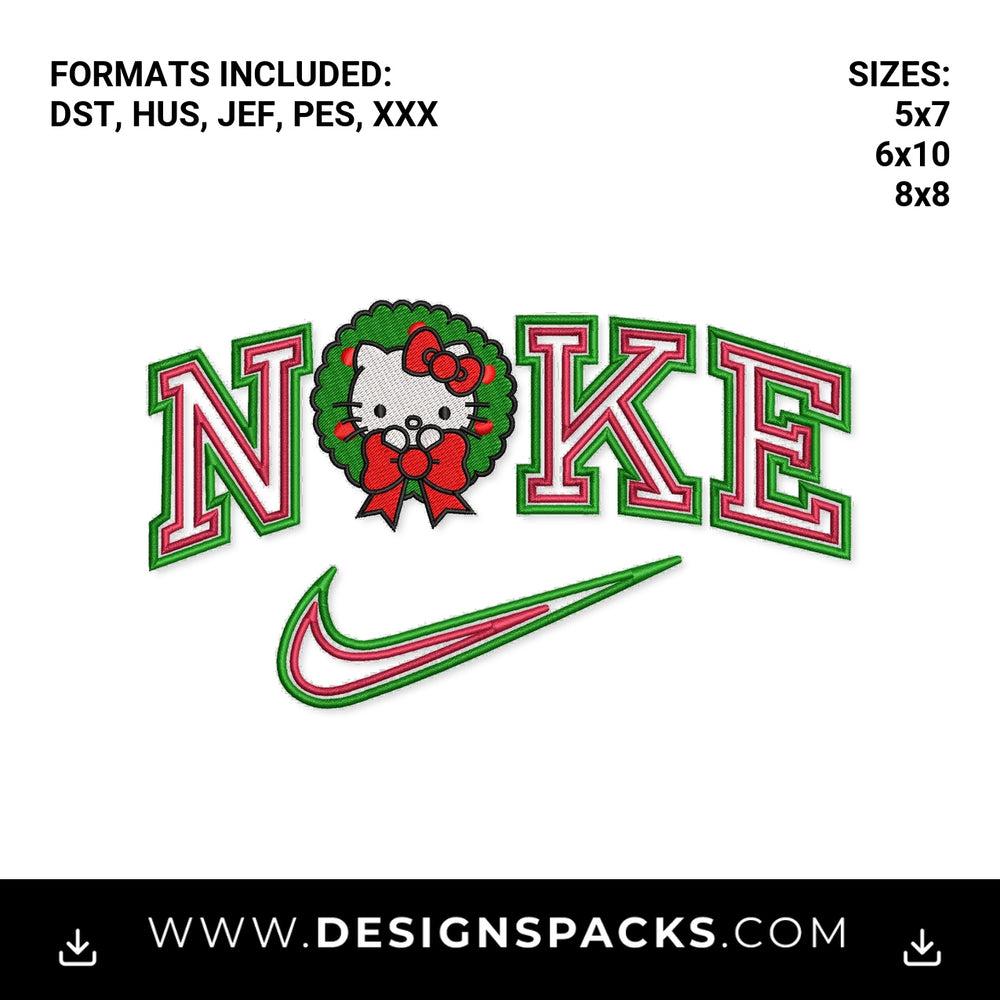 Hello Kitty Christmas Wreath Swoosh Embroidery Design - Instant digital download pattern at Designspacks.com