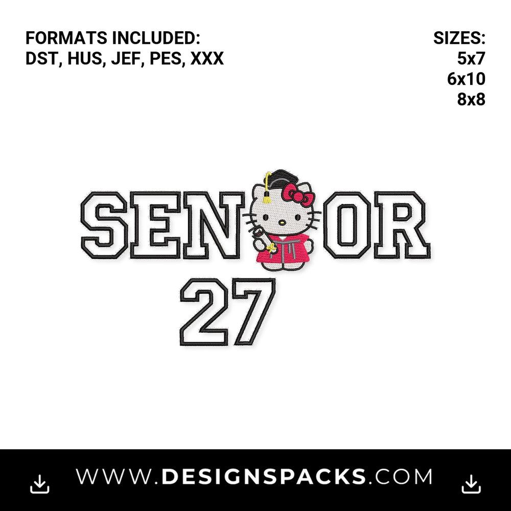 Senior 27 Hello Kitty Graduation Embroidery Design - Instant digital download pattern at Designspacks.com