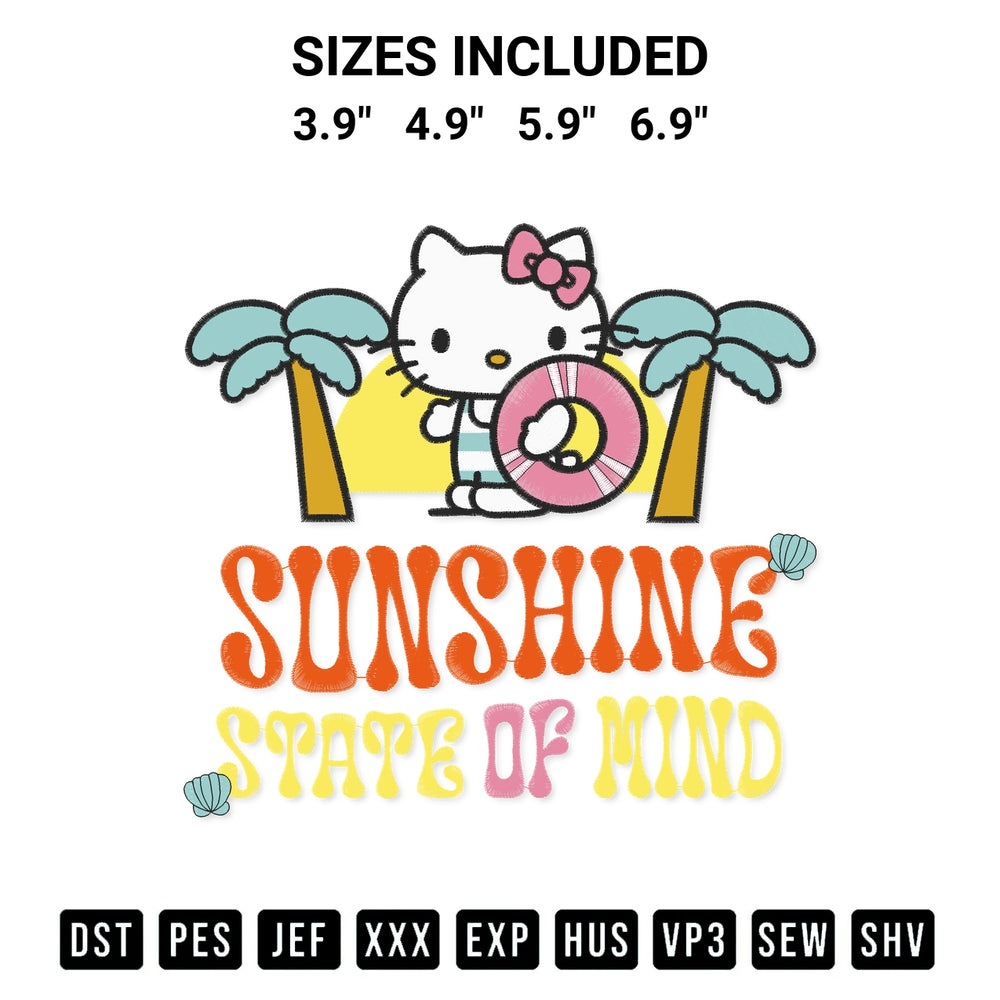 Create amazing crafts with the Sunshine State Of Mind Embroidery Design embroidery file. High-quality digital download from Designspacks.com, perfect for beginners and pros. Available sizes: 3.9", 4.9", 5.9", 6.9".