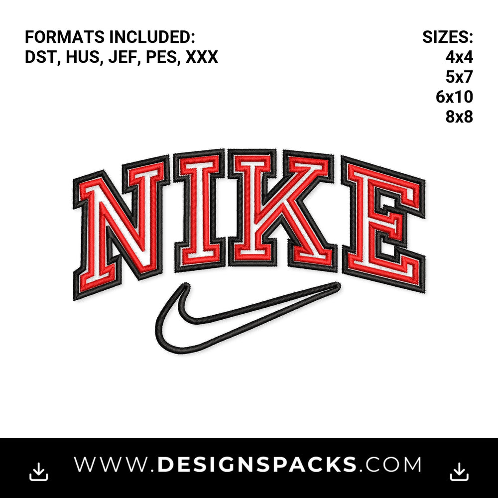 Red Nike Arched Varsity Swoosh Logo Embroidery Design - Instant digital download pattern at Designspacks.com