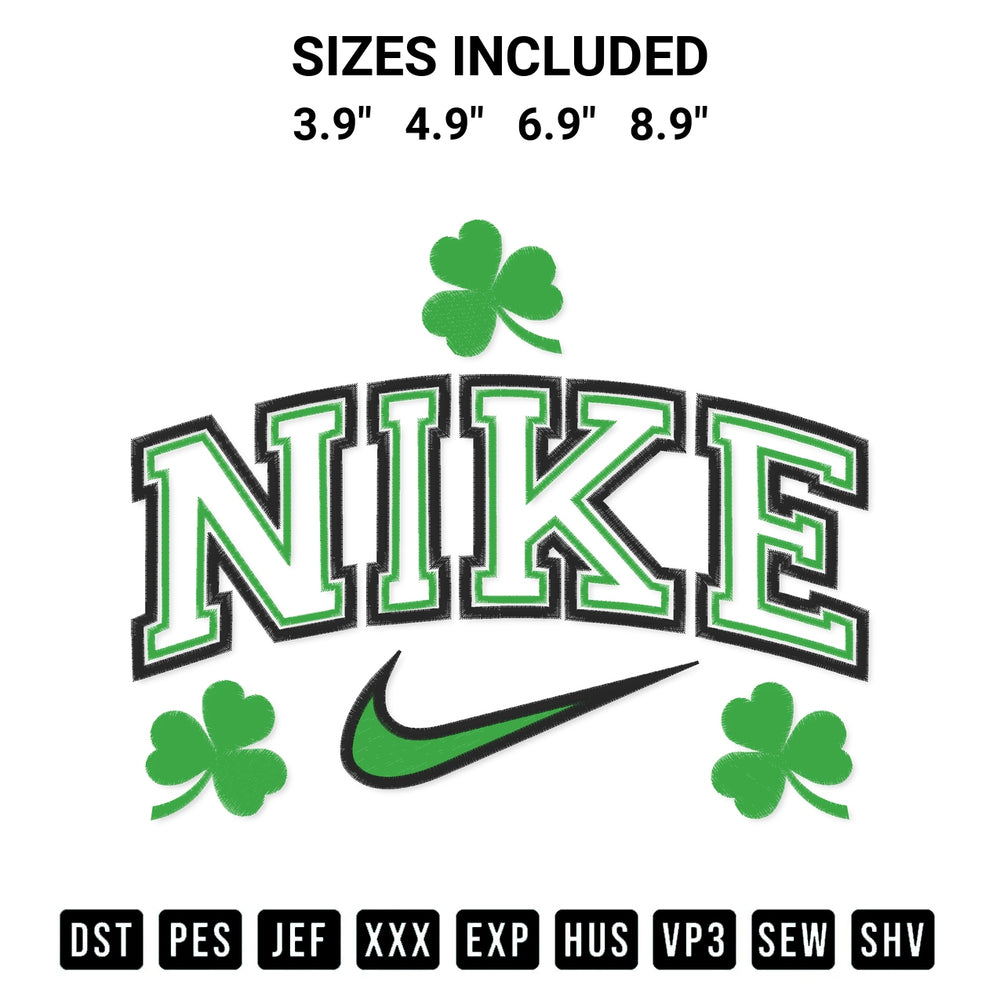 Get the Shamrock Nike Swoosh Embroidery Design embroidery design for your custom crafts! Premium digitized files available for instant download at Designspacks.com. Available sizes: 3.9", 4.9", 6.9", 8.9".