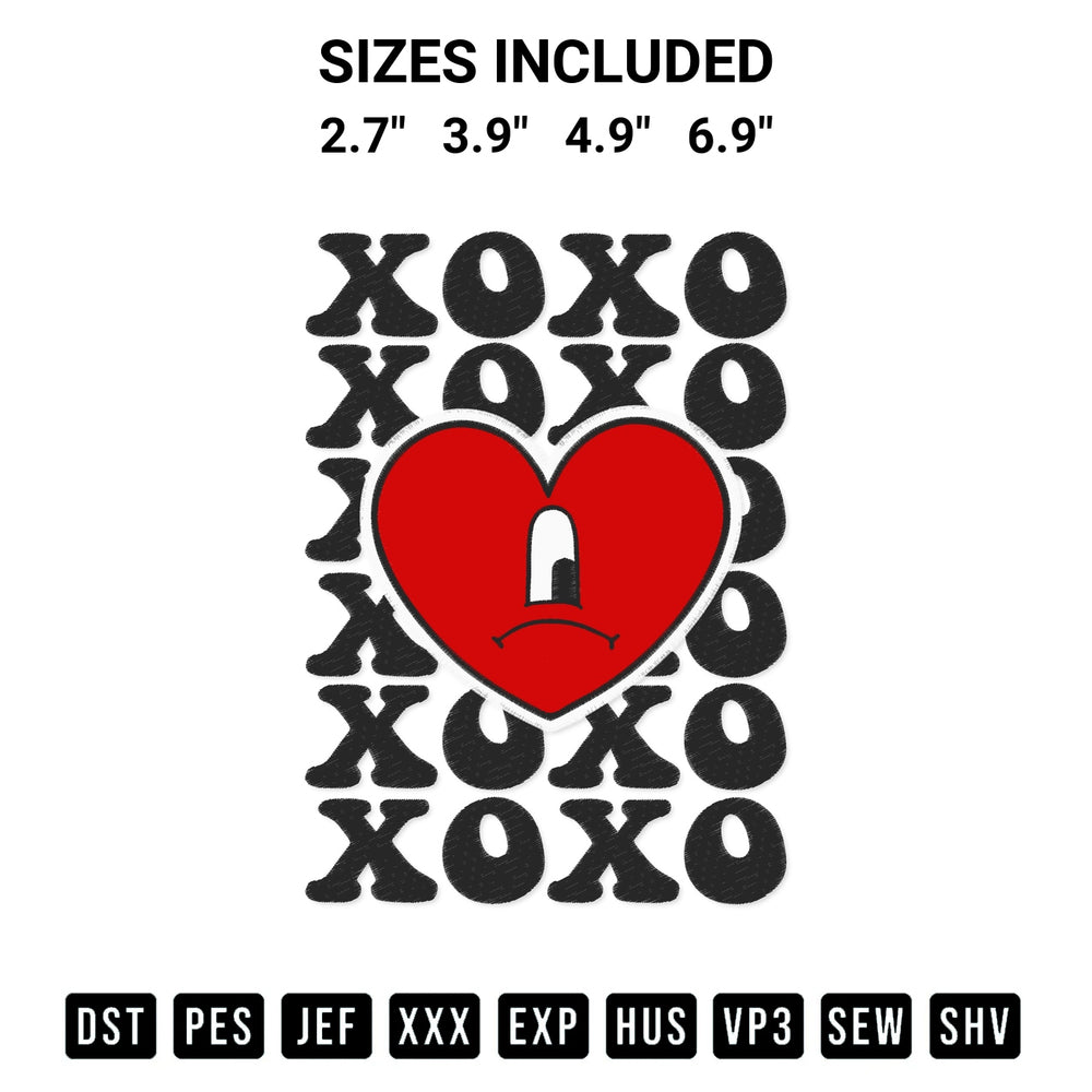 Discover the perfect addition to your crafting collection: Xoxo Bad Bunny Sad Heart Baby Benito Valentines Day Embroidery Design embroidery file. Instantly available at Designspacks.com. Available sizes: 2.7", 3.9", 4.9", 6.9".