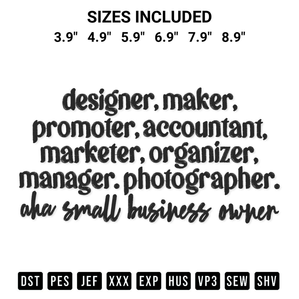 Elevate your next project with our Small Business Owner Embroidery Design embroidery file. Shop high-quality digital patterns instantly at Designspacks.com. Available sizes: 3.9", 4.9", 5.9", 6.9", 7.9", 8.9".