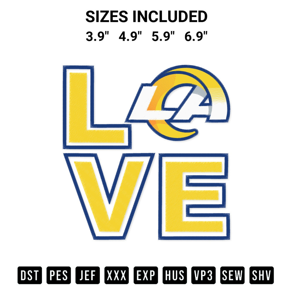 Get the Love Los Angeles Rams Embroidery Design embroidery design for your custom crafts! Premium digitized files available for instant download at Designspacks.com. Available sizes: 3.9", 4.9", 5.9", 6.9".