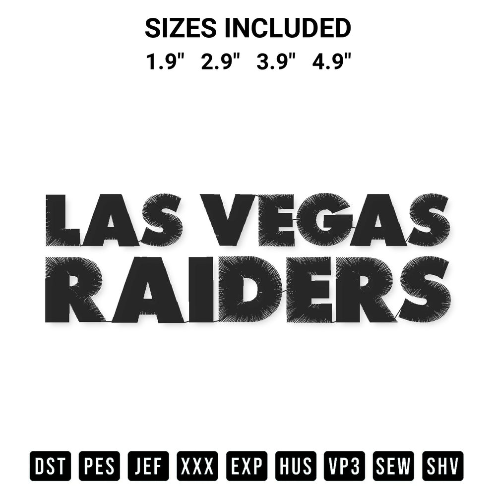 Stitch like a pro with the Las Vegas Raiders Wordmark Embroidery Design embroidery pattern from Designspacks.com. High-quality digital machine embroidery file. Available sizes: 1.9", 2.9", 3.9", 4.9".