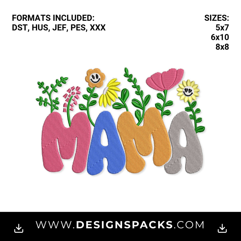 Retro Floral Mama Wildflowers Embroidery Design - Instant digital download pattern at Designspacks.com
