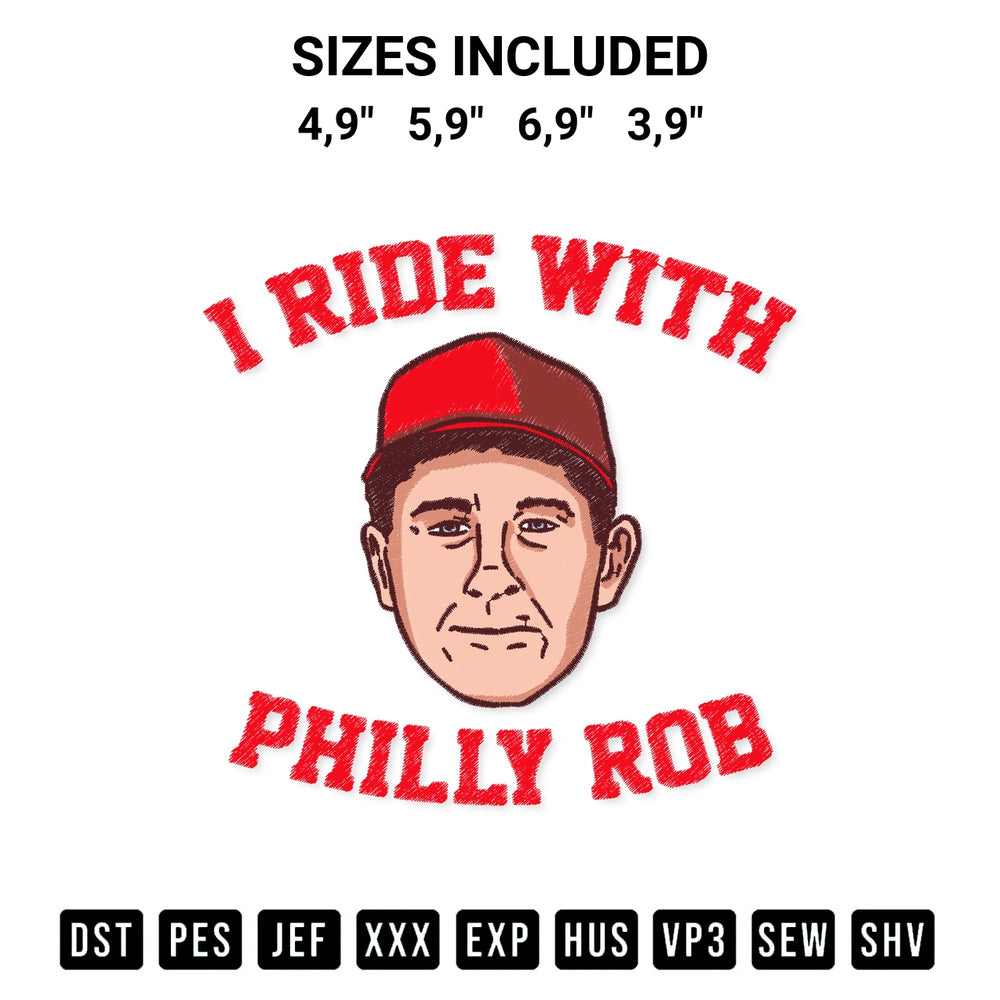 Stitch like a pro with the Rob Thomson I Ride With Philly Rob Philadelphia Phillies Baseball Logo Embroidery Design embroidery pattern from Designspacks.com. High-quality digital machine embroidery file. Available sizes: 4,9", 5,9", 6,9", 3,9".