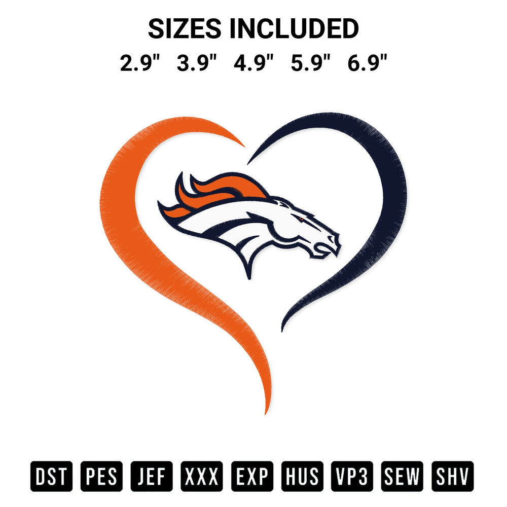 Get the Denver Broncos Heart Football Embroidery Design embroidery design for your custom crafts! Premium digitized files available for instant download at Designspacks.com. Available sizes: 2.9", 3.9", 4.9", 5.9", 6.9".