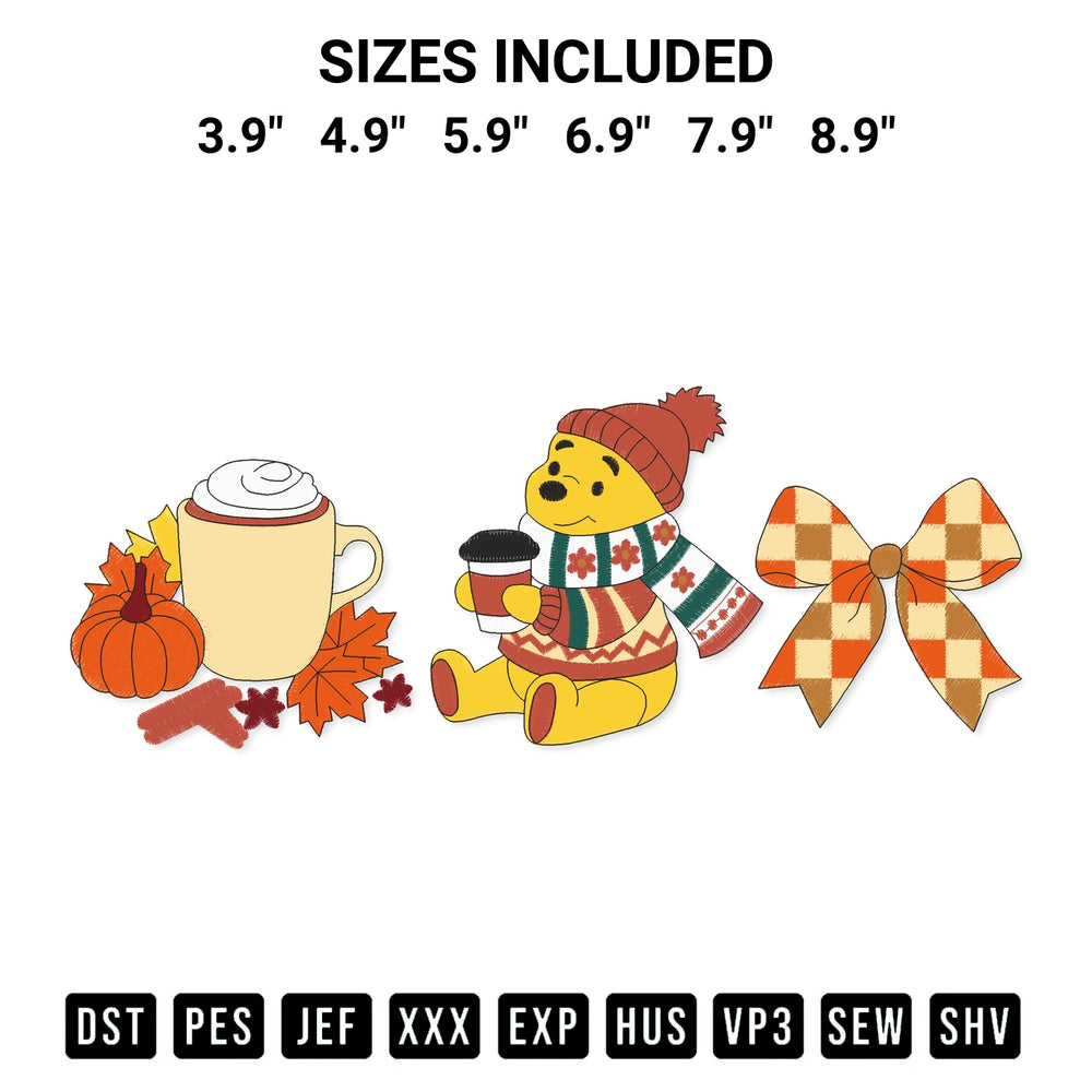 Get the Pooh Fall Coffee Bow Embroidery Design embroidery design for your custom crafts! Premium digitized files available for instant download at Designspacks.com. Available sizes: 3.9", 4.9", 5.9", 6.9", 7.9", 8.9".