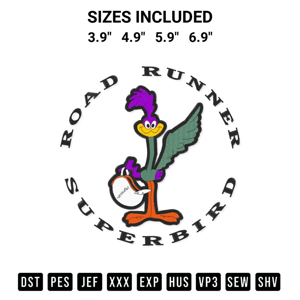 Transform your fabrics with the Road Runner Superbird Embroidery Design embroidery design. Instant access to premium digitized patterns at Designspacks.com. Available sizes: 3.9", 4.9", 5.9", 6.9".