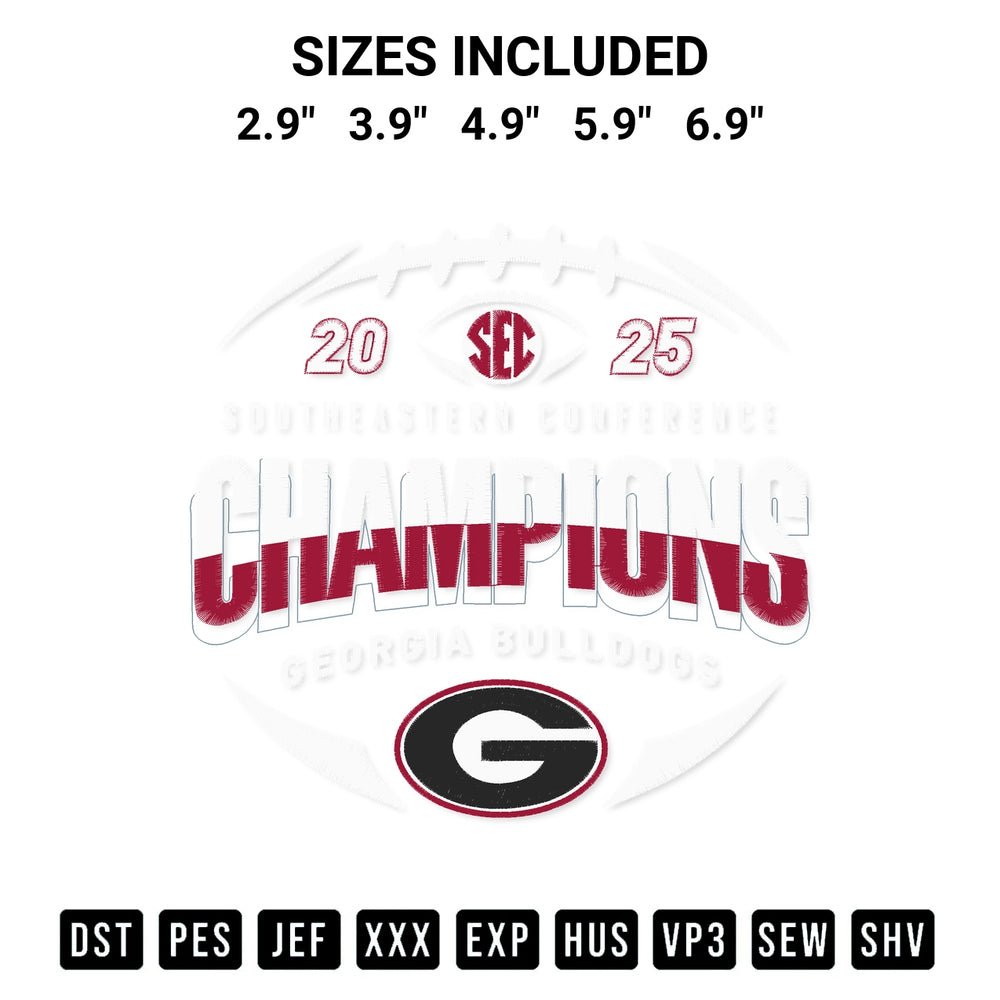 Transform your fabrics with the 2025 Sec Championship Georgia Bulldogs Embroidery Design embroidery design. Instant access to premium digitized patterns at Designspacks.com. Available sizes: 2.9", 3.9", 4.9", 5.9", 6.9".