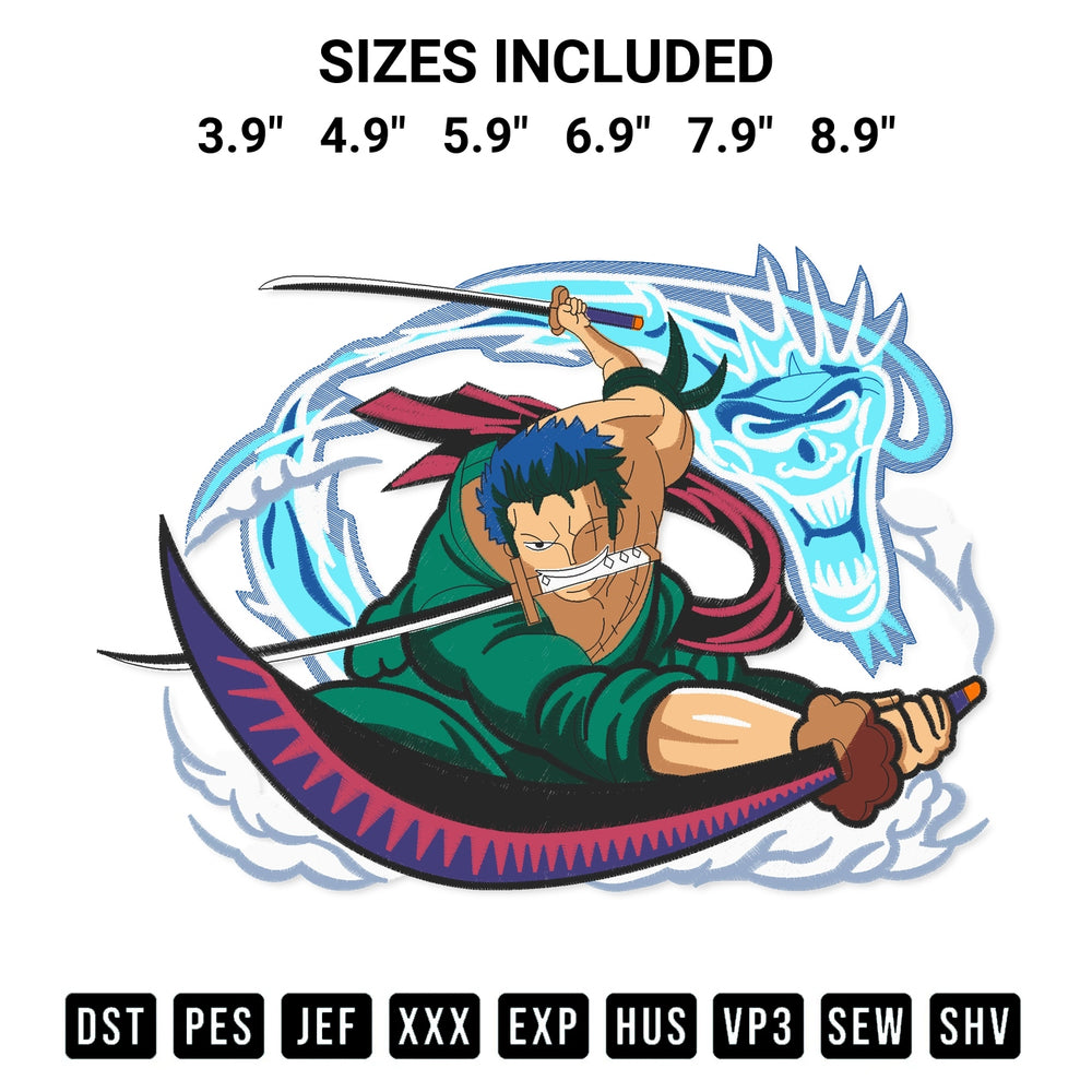 Shop the Roronoa Zoro Dragon Twister Embroidery Design machine embroidery pattern at Designspacks.com. Beautifully digitized for flawless stitching on any fabric. Available sizes: 3.9", 4.9", 5.9", 6.9", 7.9", 8.9".
