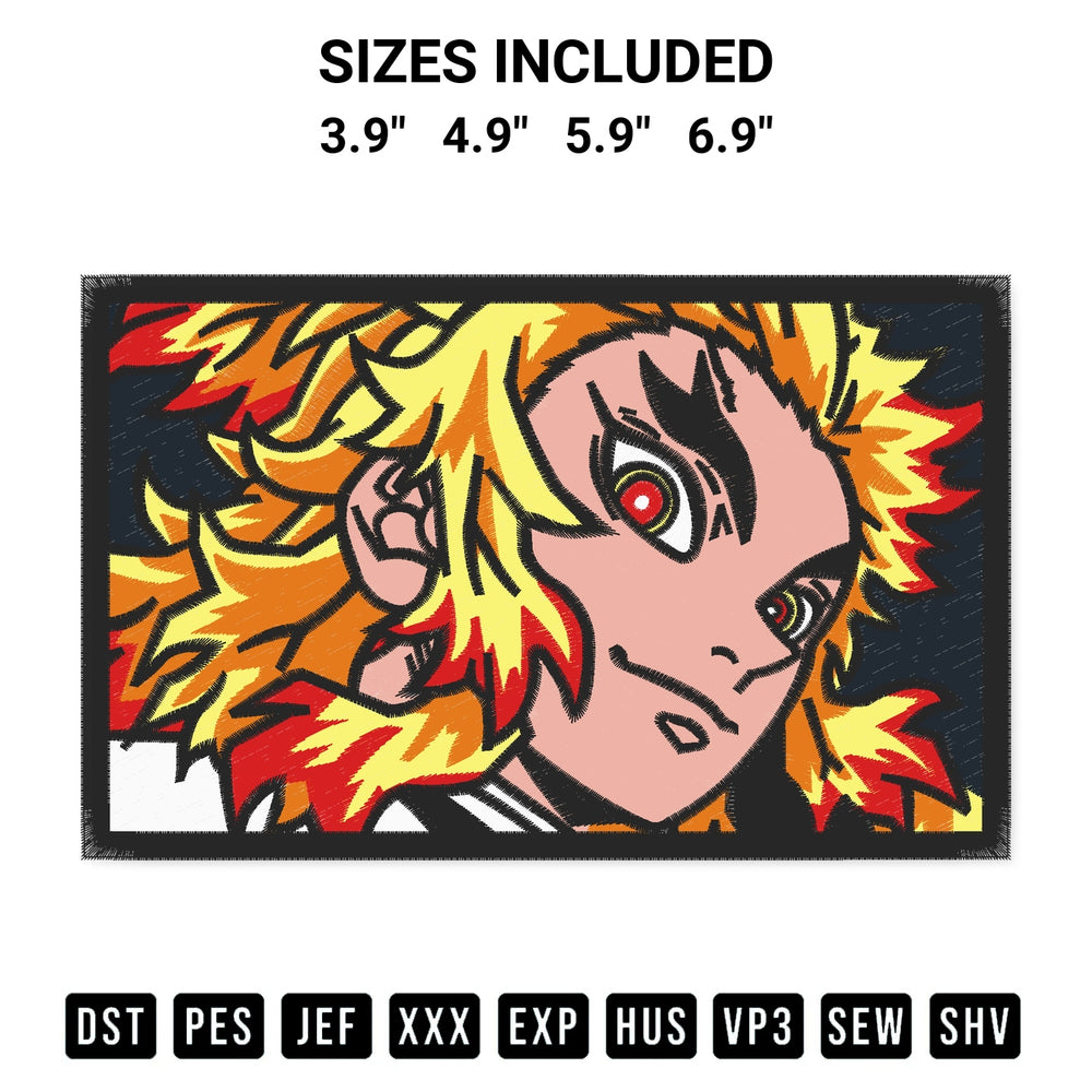Discover the perfect addition to your crafting collection: Rengoku Kyojuro Demon Slayer Embroidery Design embroidery file. Instantly available at Designspacks.com. Available sizes: 3.9", 4.9", 5.9", 6.9".