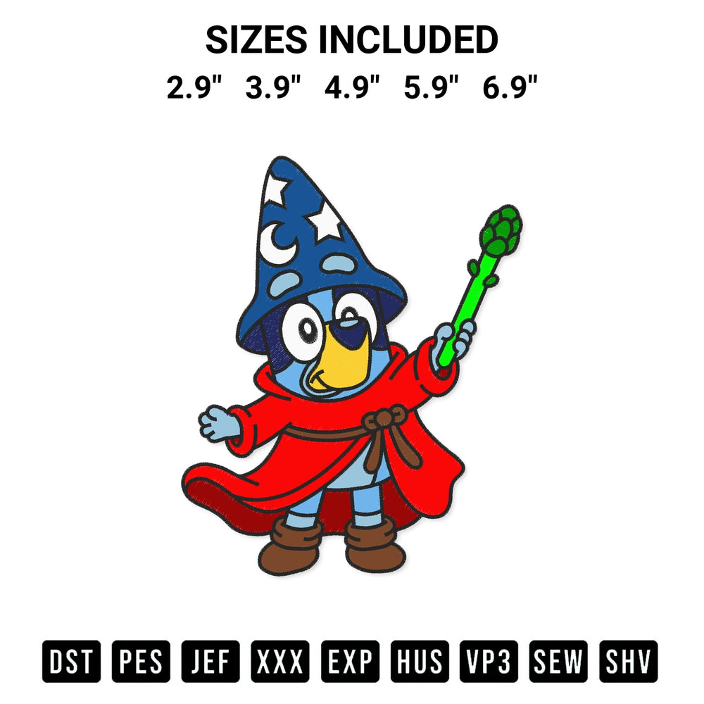 Create amazing crafts with the Bluey The Wizard Embroidery Design embroidery file. High-quality digital download from Designspacks.com, perfect for beginners and pros. Available sizes: 2.9", 3.9", 4.9", 5.9", 6.9".
