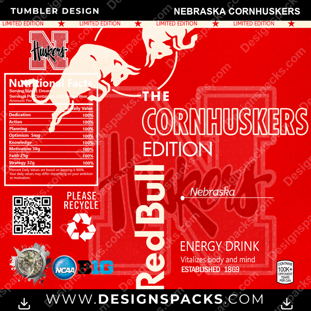 College Sport Red Bull Nebraska Cornhuskers NCAA College Sport Tumbler Digital Wrap Design Download