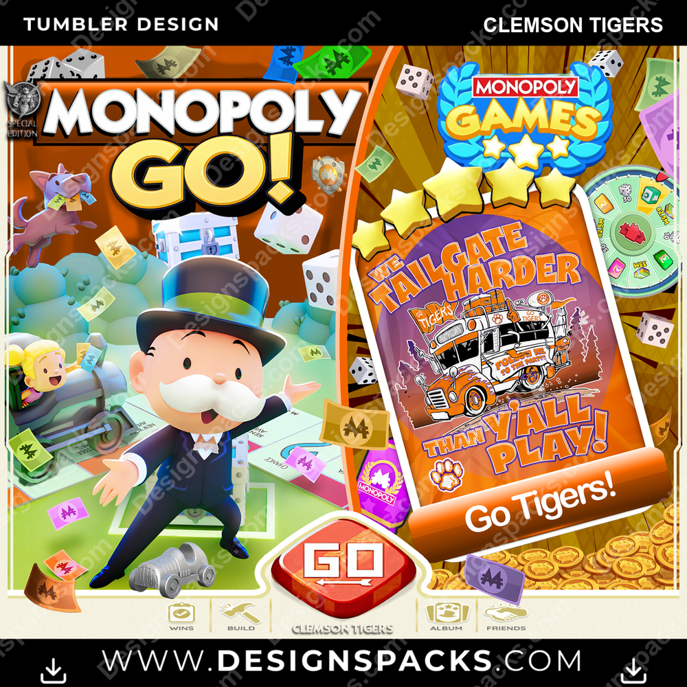 College Sport Monopoly Go! Clemson Tigers NCAA College Sport Tumbler Digital Wrap Design Download