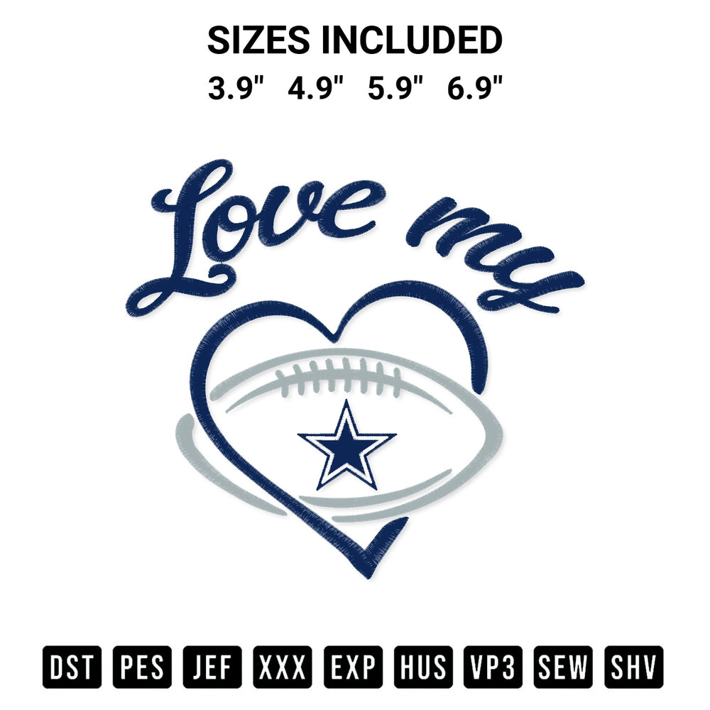 Discover the perfect addition to your crafting collection: Love My Dallas Cowboys Embroidery Design embroidery file. Instantly available at Designspacks.com. Available sizes: 3.9", 4.9", 5.9", 6.9".