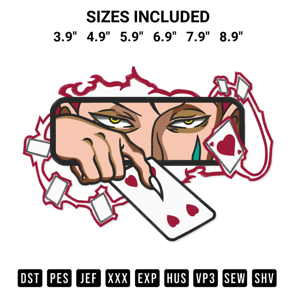 Stitch like a pro with the Hisoka Face Embroidery Design embroidery pattern from Designspacks.com. High-quality digital machine embroidery file. Available sizes: 3.9", 4.9", 5.9", 6.9", 7.9", 8.9".