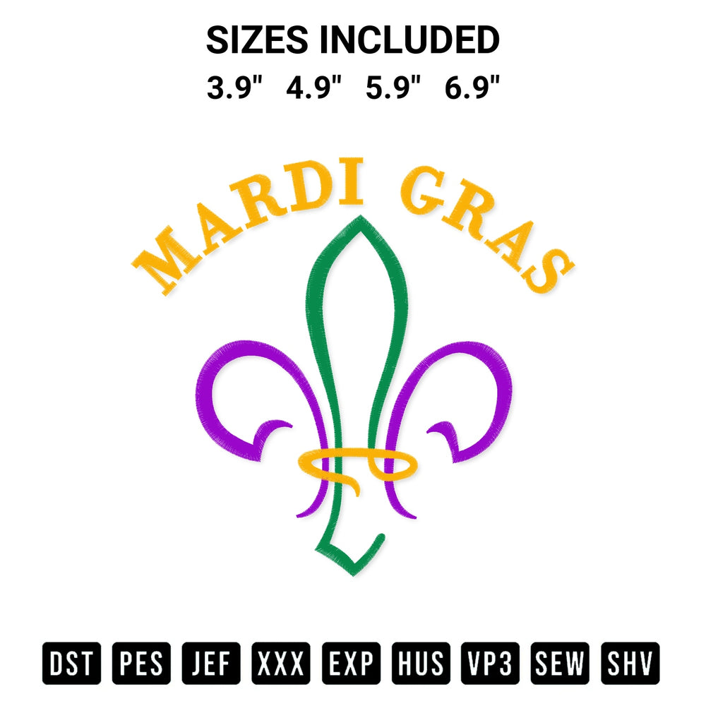 Discover the perfect addition to your crafting collection: Fleur De Lis Mardi Gras Embroidery Design embroidery file. Instantly available at Designspacks.com. Available sizes: 3.9", 4.9", 5.9", 6.9".