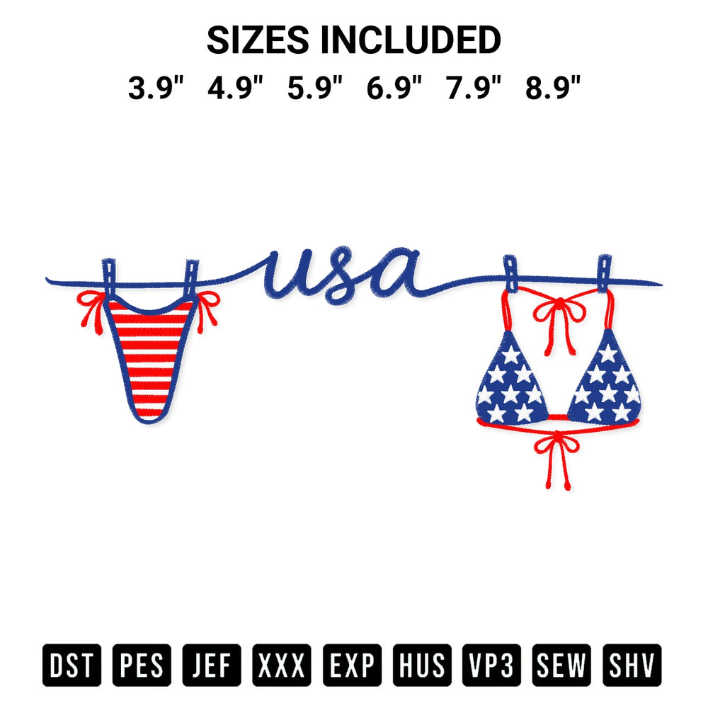 Create amazing crafts with the Usa Patriotic String Bikini Embroidery Design embroidery file. High-quality digital download from Designspacks.com, perfect for beginners and pros. Available sizes: 3.9", 4.9", 5.9", 6.9", 7.9", 8.9".