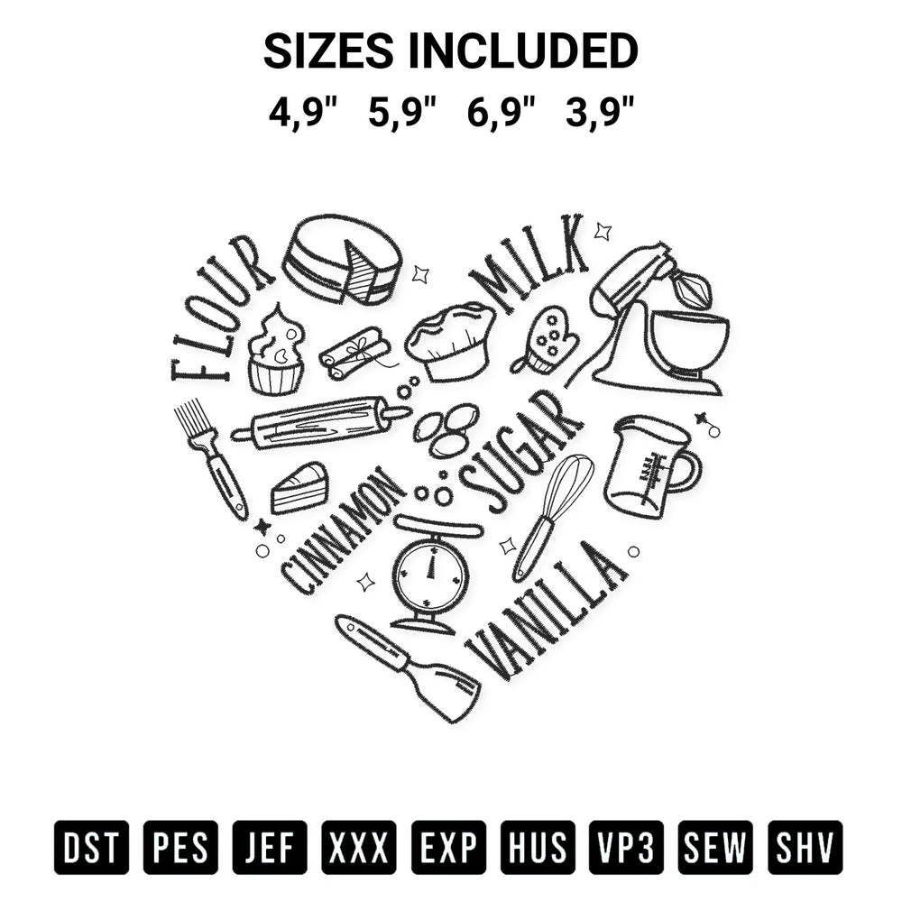 Shop the Baking Heart Lover Funny Cookie Baking Love Baker Lover Best Baking Logo Embroidery Design machine embroidery pattern at Designspacks.com. Beautifully digitized for flawless stitching on any fabric. Available sizes: 4,9", 5,9", 6,9", 3,9".