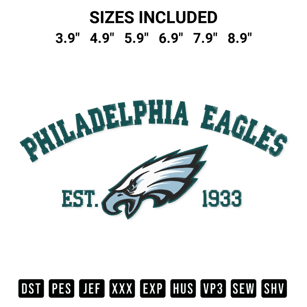 Download the Philadelphia Eagles Est 1933 Embroidery Design machine embroidery design exclusively at Designspacks.com. Premium digitized pattern for apparel and DIY crafts. Available sizes: 3.9", 4.9", 5.9", 6.9", 7.9", 8.9".