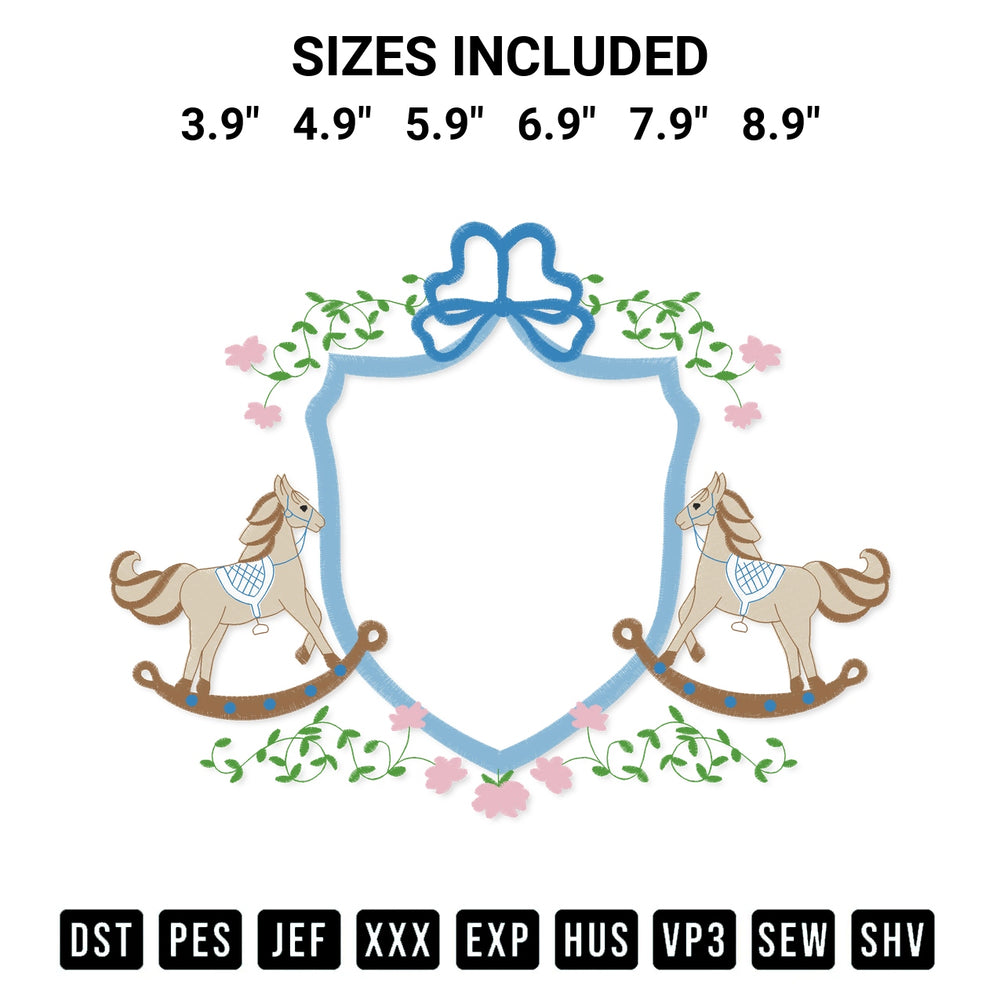 Add a unique touch to your apparel with the Frame Blue Rocking Horse Crest Embroidery Design embroidery file. Premium instant download available now on Designspacks.com. Available sizes: 3.9", 4.9", 5.9", 6.9", 7.9", 8.9".