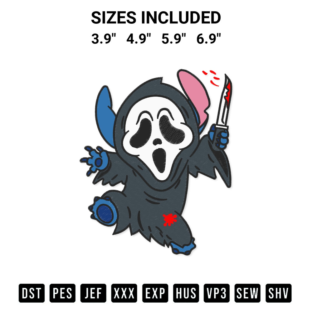 Create amazing crafts with the Stitch Ghost Face Embroidery Design embroidery file. High-quality digital download from Designspacks.com, perfect for beginners and pros. Available sizes: 3.9", 4.9", 5.9", 6.9".