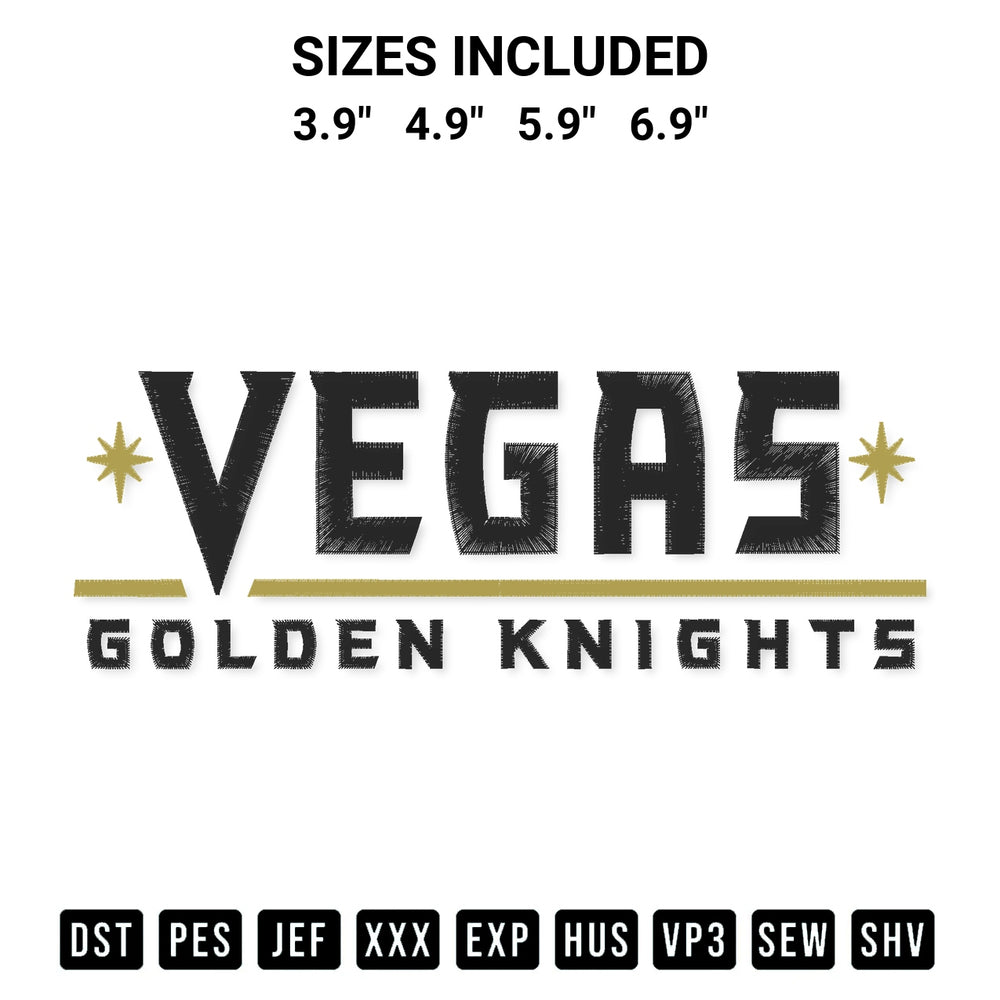 Shop the Vegas Golden Knights Wordmark Logo Embroidery Design machine embroidery pattern at Designspacks.com. Beautifully digitized for flawless stitching on any fabric. Available sizes: 3.9", 4.9", 5.9", 6.9".