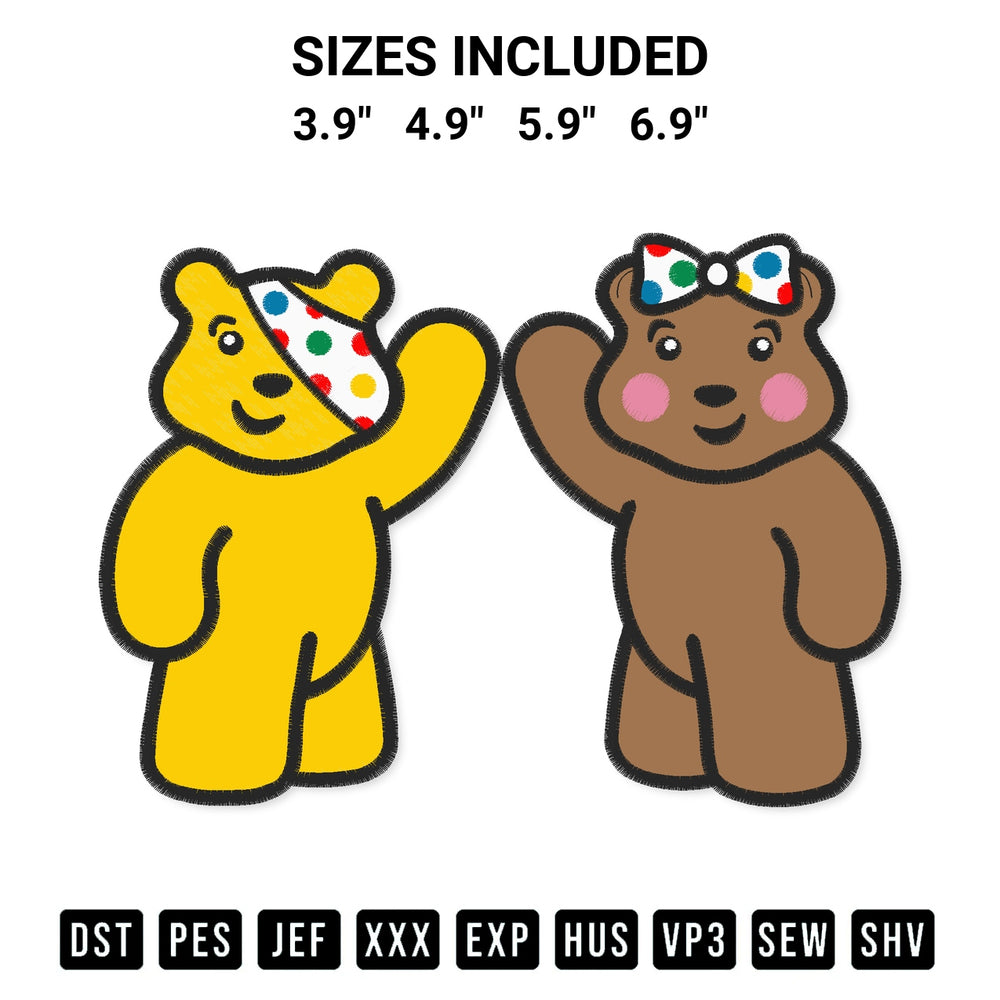 Looking for the perfect pattern? Download the Yellow Brown Pudsey Bear Embroidery Design embroidery design today at Designspacks.com. Crisp, clean stitching guaranteed. Available sizes: 3.9", 4.9", 5.9", 6.9".