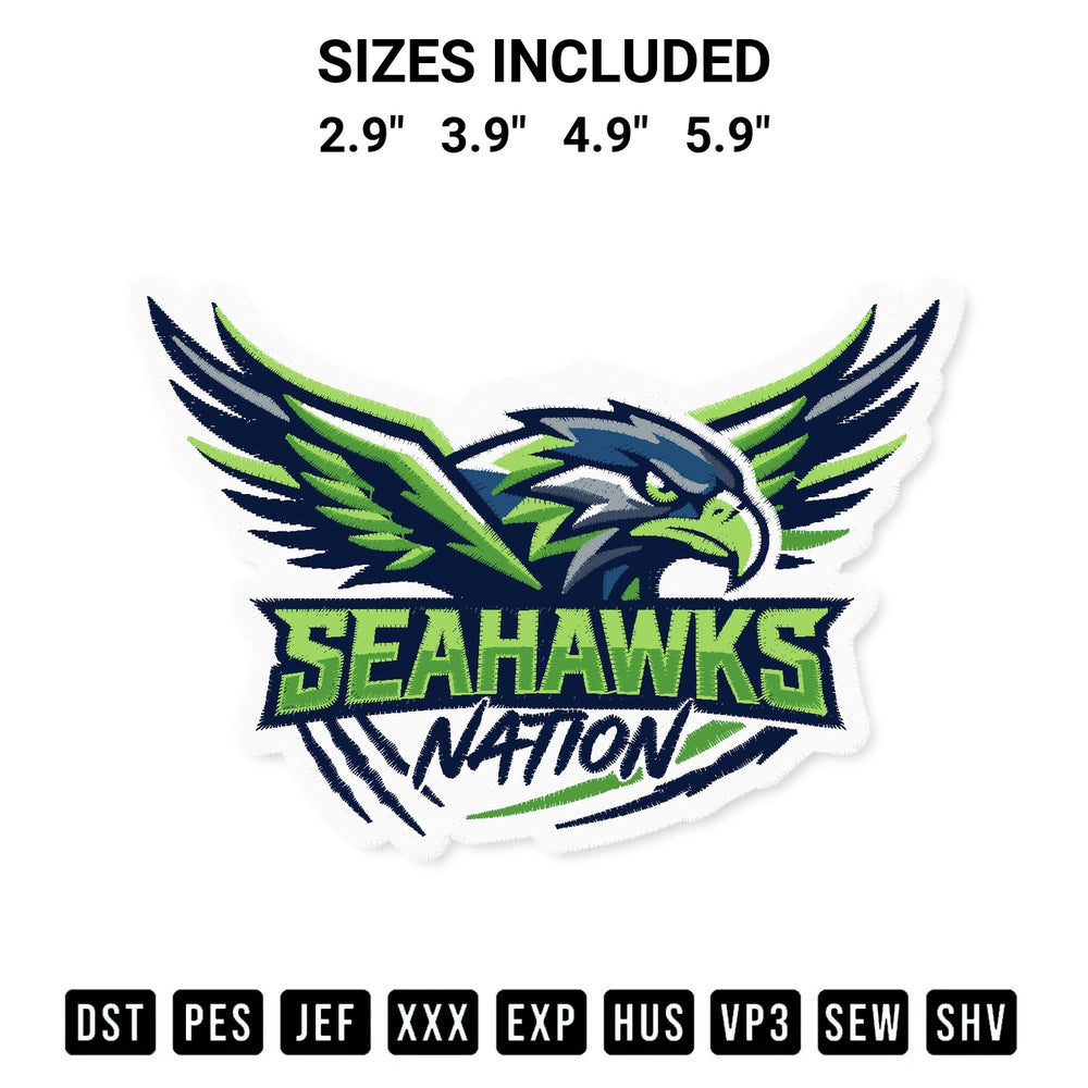 Stitch like a pro with the Seahawks Nation Football Embroidery Design embroidery pattern from Designspacks.com. High-quality digital machine embroidery file. Available sizes: 2.9", 3.9", 4.9", 5.9".