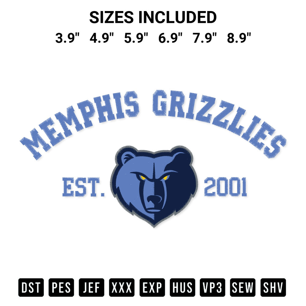 Add a unique touch to your apparel with the Memphis Grizzlies Est 2001 Embroidery Design embroidery file. Premium instant download available now on Designspacks.com. Available sizes: 3.9", 4.9", 5.9", 6.9", 7.9", 8.9".