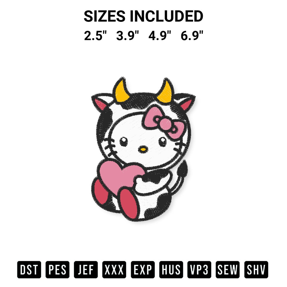 Elevate your next project with our Cute Cow Hello Kitty With Heart Embroidery Design embroidery file. Shop high-quality digital patterns instantly at Designspacks.com. Available sizes: 2.5", 3.9", 4.9", 6.9".