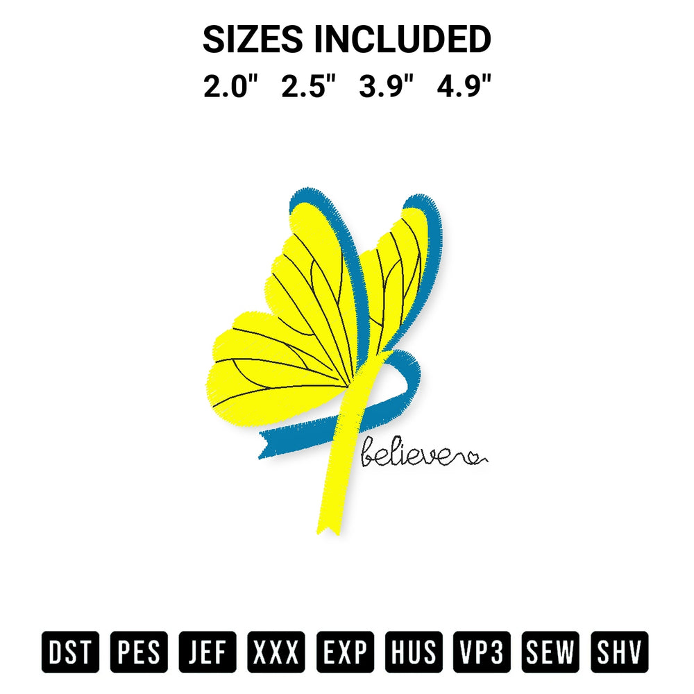 Download the Believe Down Syndrome Awareness Butterfly Embroidery Design machine embroidery design exclusively at Designspacks.com. Premium digitized pattern for apparel and DIY crafts. Available sizes: 2.0", 2.5", 3.9", 4.9".