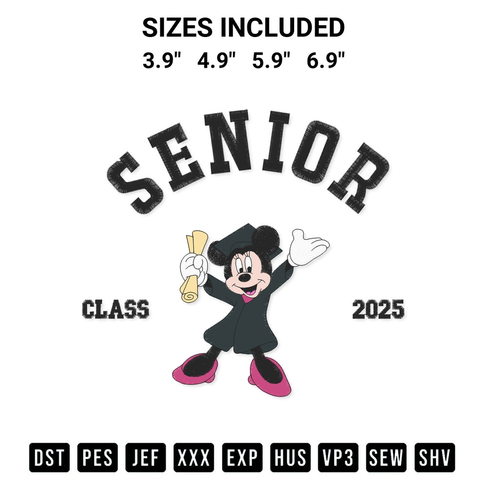 Discover the perfect addition to your crafting collection: Minnie Senior Class 2025 Embroidery Design embroidery file. Instantly available at Designspacks.com. Available sizes: 3.9", 4.9", 5.9", 6.9".