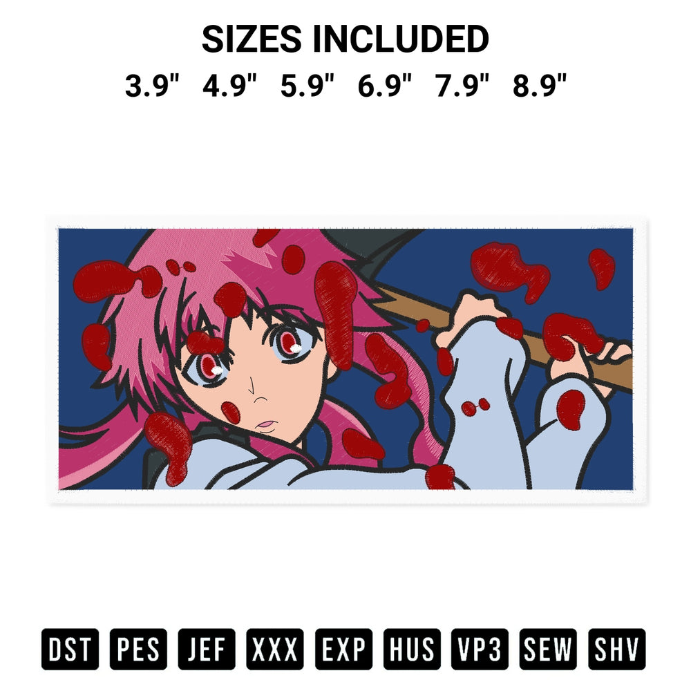 Download the Gasai Yuno Embroidery Design machine embroidery design exclusively at Designspacks.com. Premium digitized pattern for apparel and DIY crafts. Available sizes: 3.9", 4.9", 5.9", 6.9", 7.9", 8.9".