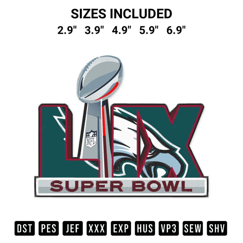Shop the Philadelphia Eagles Super Bowl Lix Champions Trophy Embroidery Design machine embroidery pattern at Designspacks.com. Beautifully digitized for flawless stitching on any fabric. Available sizes: 2.9", 3.9", 4.9", 5.9", 6.9".
