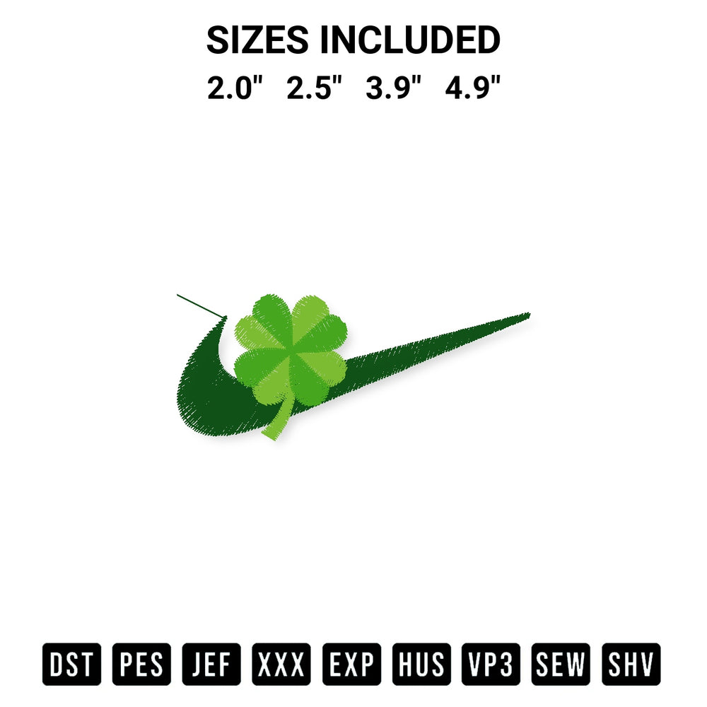 Shop the Shamrock Swoosh Logo Embroidery Design machine embroidery pattern at Designspacks.com. Beautifully digitized for flawless stitching on any fabric. Available sizes: 2.0", 2.5", 3.9", 4.9".