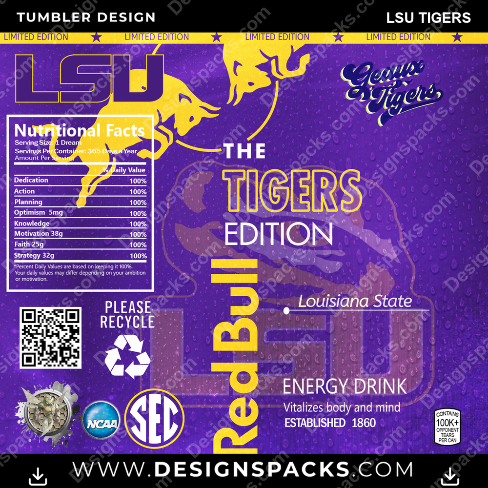 College Sport Red Bull LSU Tigers NCAA College Sport Tumbler Digital Wrap Design Download